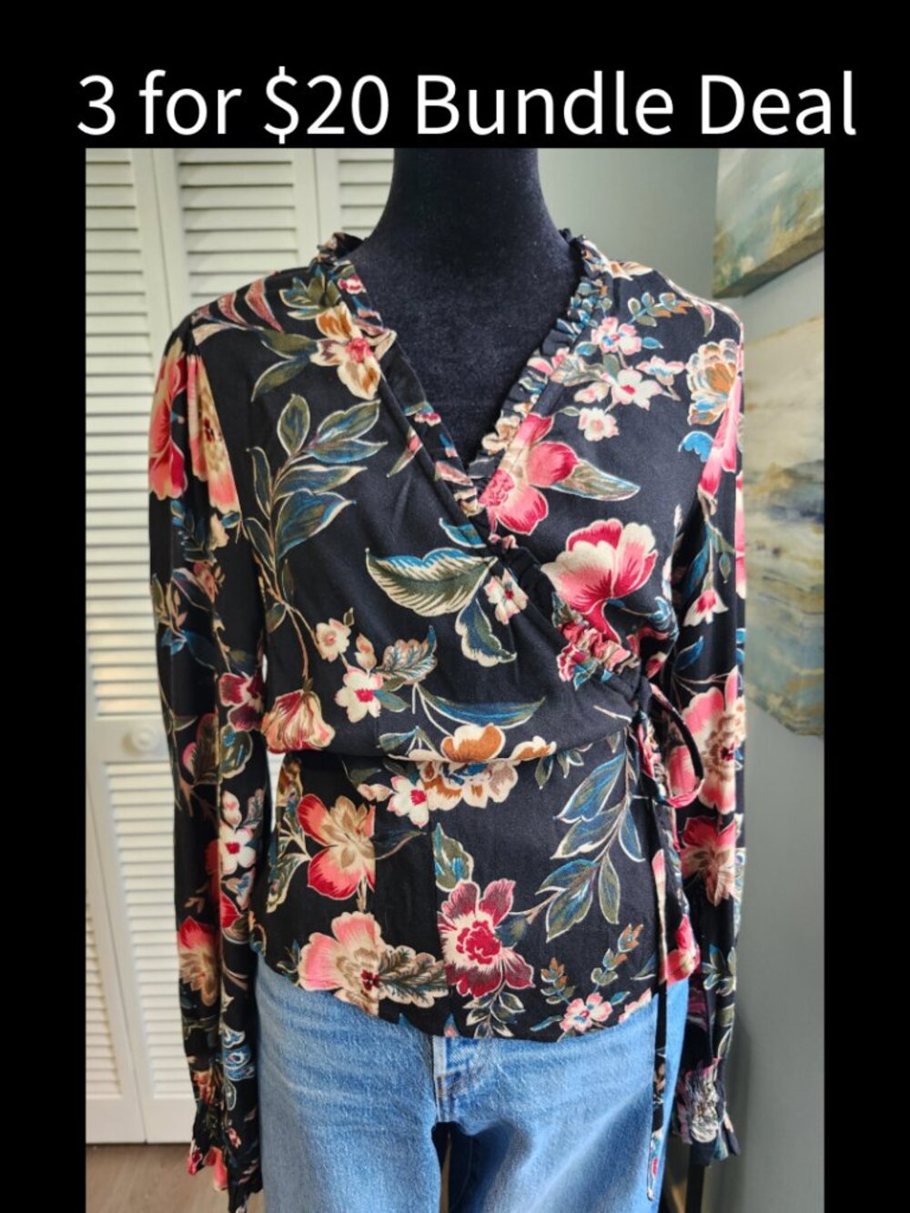 Jessica Simpson Wrap Top Black Floral Women's size Small